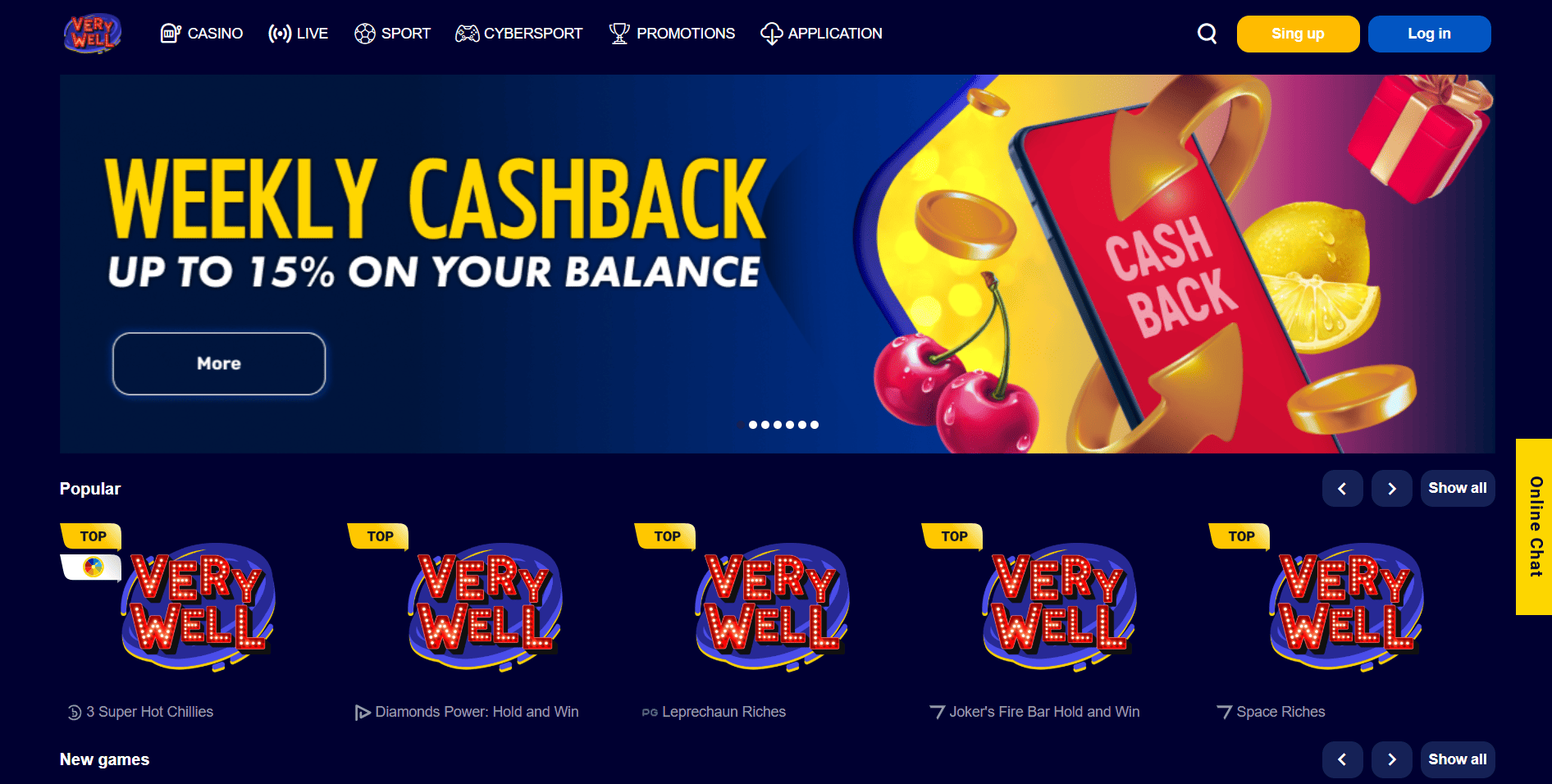 Screenshot of the Very Well Casino website